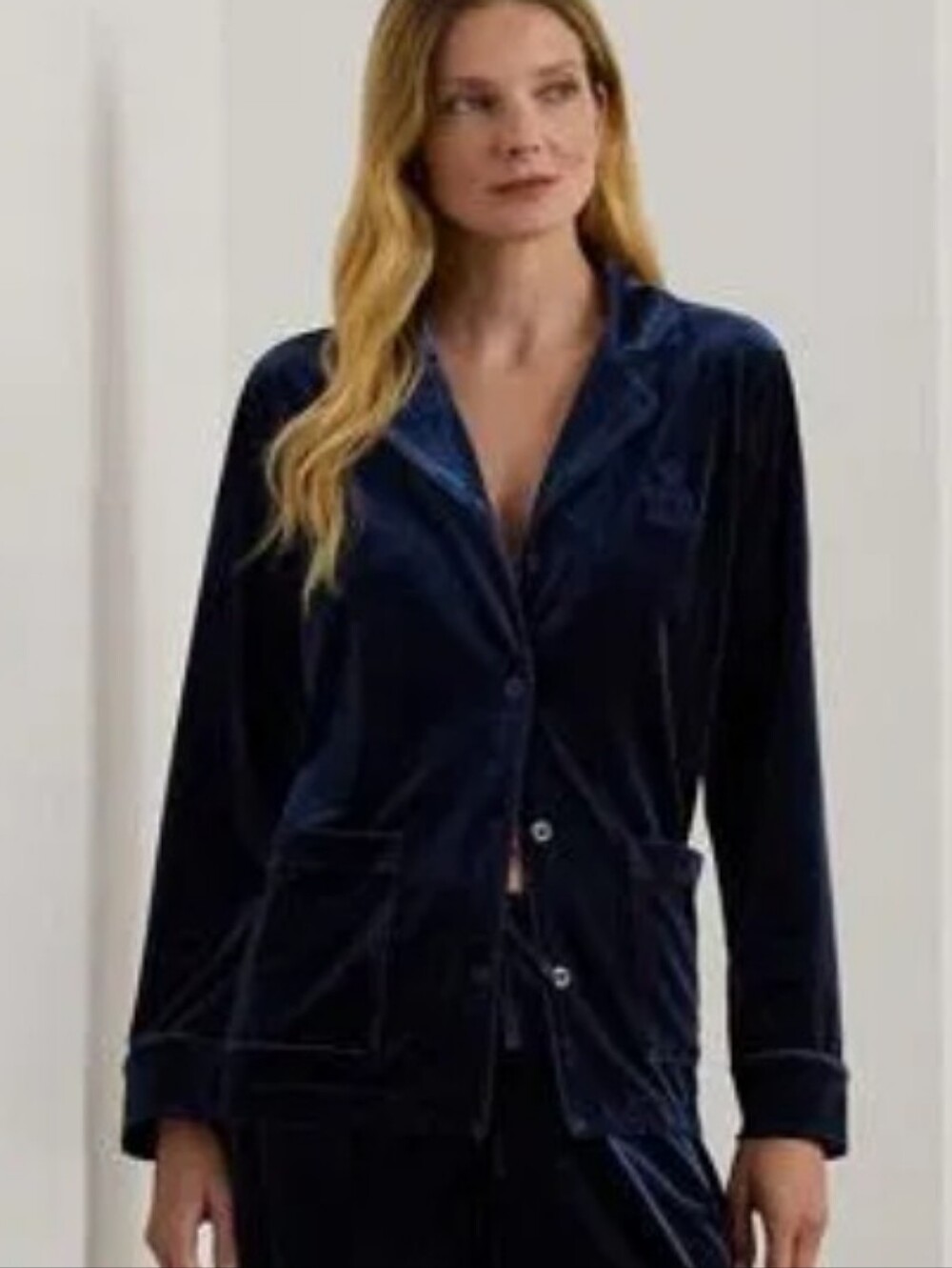 Lauren Ralph Crest Monogram Velvet Button-Front Loose Pajama Top in Navy - Small - Picture 2 of 8